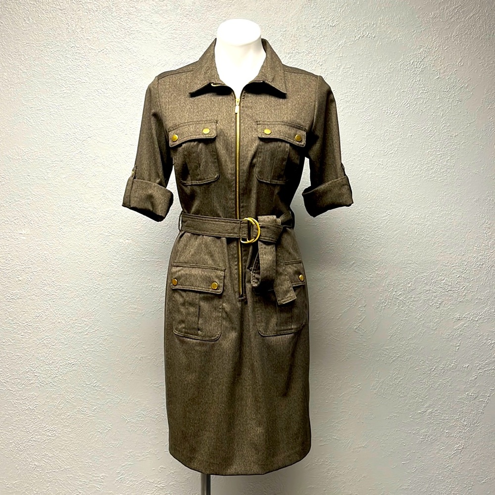 SHARAGANO Brown Belted Zipper Dress Sz 8